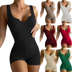 Vêtements pour femmes, couleur unie, logo personnalisé, gilet en tricot côtelé à col en V, coupe ajustée, combinaison décontractée une pièce - Product Image 2