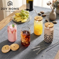 Gobelets en verre avec couvercles en bambou et pailles, motif décalcomanie, 16oz 18oz 20oz, en forme de canette, pour bière, café glacé et autres boissons