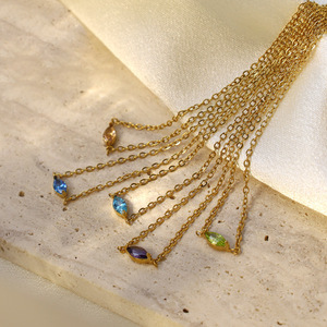 European American Fashion Stainless Steel Necklace Water Drop Shape Bezel Set Colored Zircon Clavicle Chain Daily Wear Leisure - Product Image 1