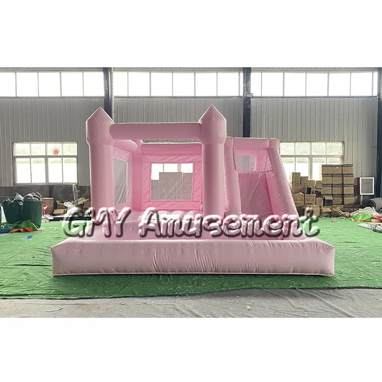 Castillo de rebote pastel de alta calidad, casa de rebote con tobogán y pelota, color rosa para fiesta