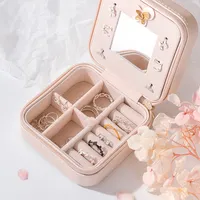 Joyería personalizada caja pequeña caja de viaje cuero organizador de la joyería caja de almacenamiento con espejo para las mujeres