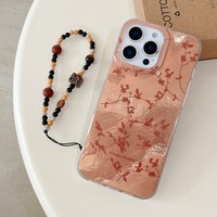 Étui de téléphone mignon avec nœud argenté et dragonne noire pour iPhone 17 Pro Max, coque de téléphone vintage à motif floral avec chaîne perlée léopard