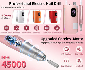 Taladro Eléctrico Profesional para Uñas, Forma de Pluma, Motor sin Núcleo, 45000 RPM, Recargable, Herramienta Portátil para el Cuidado de las Uñas - Product Image 1