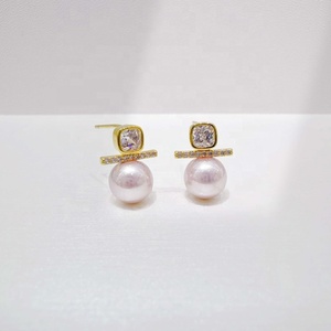 Boucles d'oreilles clous géométriques en laiton plaqué or, de luxe, irrégulières, petites, pas chères, style occidental coréen, en cuivre, classiques, avec perles - Product Image 5