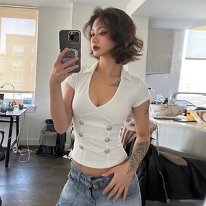 Camiseta de Verano para Mujer, Estilo Y2K, Transpirable, Cuello en V, Manga Corta, Tejido de Punto, Corte Regular, Sexy, Color Sólido, Estilo Urbano - Product Image 6