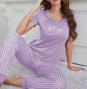 Conjunto de pijama, conjunto de pijama de manga curta para mulheres, com listras e calça