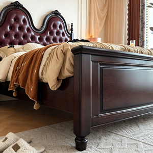 Traditional Mahogany Wood Bed with Genuine Leather Upholstered Headboard Queen Size Storage Bed Soft Bed Design - Product Image 3