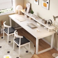 Bureau d'ordinateur double en bois massif moderne et simple avec étagère, pour usage commercial ou bureau à domicile, poste de travail mural, montage facile, garantie 1 an