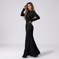 Robe longue élégante en satin tissé pour femme, coupe trapèze, manches longues, col rond, taille froncée, fermetures éclair, couleur unie, pour soirée formelle ou usage quotidien