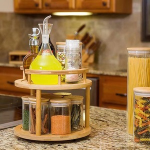 Wooden <b>Spice</b> Rack Double Layer Rotating Storage Organizer With Airtight <b>Jars</b> For Kitchen Countertop Use - Product Image 2