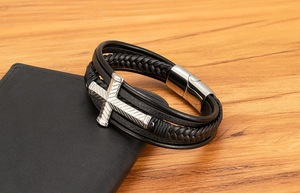 New 18k Gold Cross Charm Bracelets Jewelry Fashion High Quality Multi-layer <strong>Leather</strong> Bracelet Men - Product Image 3