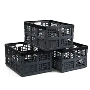 Hommp 3-Pack 30 L Plastic Collapsible Storage Crates, Stackable Storage Container Basket, Folding Crates Storage