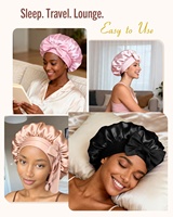 Bonnet en satin de soie personnalisé avec logo pour dormir, double couche doublée de satin avec bande à nouer pour femmes aux cheveux bouclés