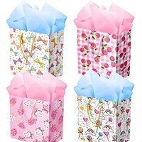 Lot de 4 petits sacs cadeaux avec papier de soie pour fête d'anniversaire féminine, 9 pouces, motif fraise, cerise, nœud et sucette, fabriqué en Chine