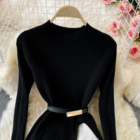 Robe décontractée élégante pour femmes à manches longues, coupe évasée, dégradé de couleurs, plissée, patchwork, en tricot, avec ceinture, pour un usage quotidien, robes décontractées