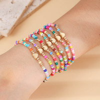 Lot de 7 Bracelets Élastiques Faits Main en Verre Soufflé Style Bohème avec Perles Multicolores et Breloques Cœur Dorées