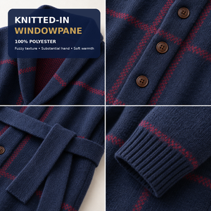 Cardigã Masculino de Tricô Longo com Cinto e Gola Xale Xadrez 100% Poliéster Vintage Jaqueta de Inverno Atacado OEM - Product Image 4