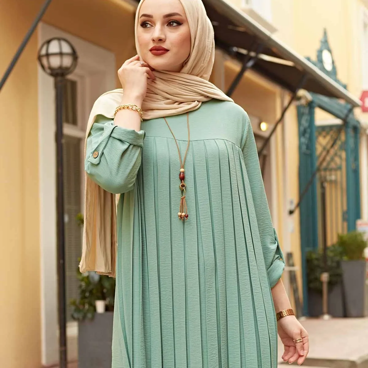 Atasan Muslim wanita tunik berlipat abu-abu wanita lengan panjang Abaya Dubai blus antik kotak-kotak hangat musim semi musim gugur baju wanita