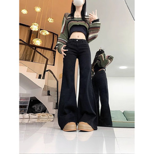 กางเกงยีนส์ขาบานสีดำของผู้หญิงเอวสูงอเนกประสงค์ทรงหลวมสลิมยืดทันสมัยสำหรับฤดูใบไม้ผลิ2025ฤดูใบไม้ร่วง - Product Image 1