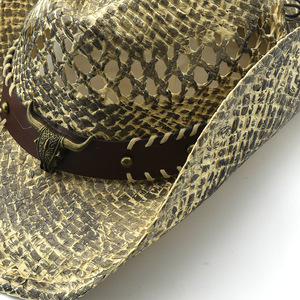 Chapeau de cowboy en paille tissée à motif <span class=keywords><strong>serpent</strong></span> unisexe de haute qualité avec découpes ventilées et boucle en crâne de taureau, décontracté, pour l'extérieur, quatre saisons - Product Image 4