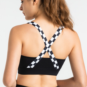 Sports Bra For Women Scoop Neck Shockproof Supportive Fitness Workout Top Black Checkered Straps - Product Image 2