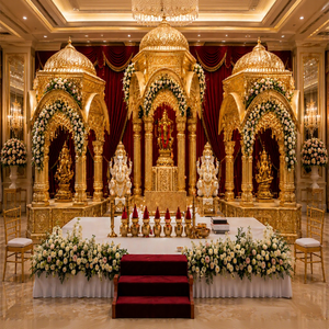 Escenario Tradicional Tallado en Oro para Bodas Tamilas y Telugues, Exclusivo Escenario de Estilo Tamil del Sur de la India para Grandes Eventos en el Reino Unido - Product Image 1