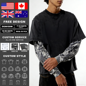 T-shirt KingSen pour homme en coton lourd délavé style vintage, coupe oversize, imprimé numérique intégral, manches longues superposées, streetwear - Product Image 2