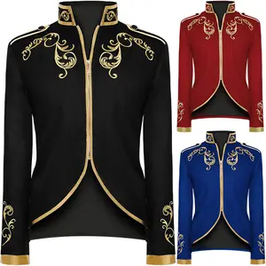 Men's Victorian Vintage Medieval Jacket Coat Embroidery Zip Up Stand Collar Prince King Cosplay Costume Coats