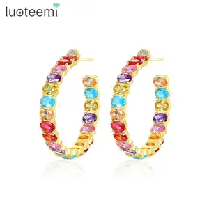 LUOTEEMI قرط أنيق على شكل طوق مكعب الألوان 18K الذهب تصفيح كليب على قوس قزح تشيكوسلوفاكيا كبير هوب أقراط