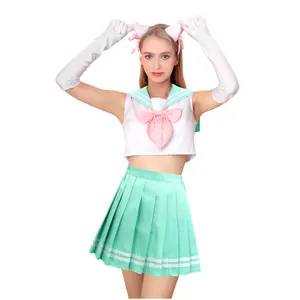 Sıcak satış kolsuz okul üniforması Sailor Cosplay kostümleri öğrenci kızlar pilili etek