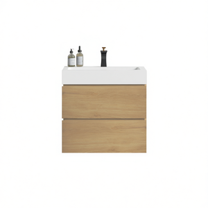Meuble-lavabo de salle de bain moderne 24 pouces, finition chêne naturel, mural flottant avec vasque en céramique et grand rangement - Product Image 1