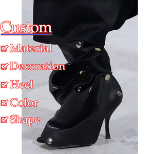 Remaches de metal, zapatos superiores plisados sueltos, tacones altos finos, punta estrecha, botas largas de mezclilla, <span class=keywords><strong>botines</strong></span> hasta la rodilla de ajuste ancho para <span class=keywords><strong>mujer</strong></span> - Product Image 2