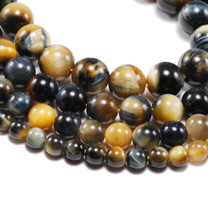Perles rondes en œil de tigre jaune et bleu naturel, pour la fabrication de bracelets, accessoires de bijoux DIY, vente en gros - Product Image 4
