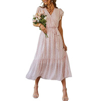 Robe midi d'été pour femme à imprimé floral, col en V, devant croisé, manches courtes à volants, ceinture à nouer, effet superposé fluide, tenue de plage