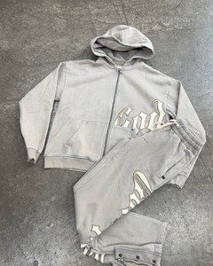 Tuta da Jogging Streetwear Vintage da <span class=keywords><strong>uomo</strong></span> con chiusura a cerniera in cotone 100% ricamata pantaloni sportivi con cappuccio larghi <span class=keywords><strong>oversize</strong></span> - Product Image 1