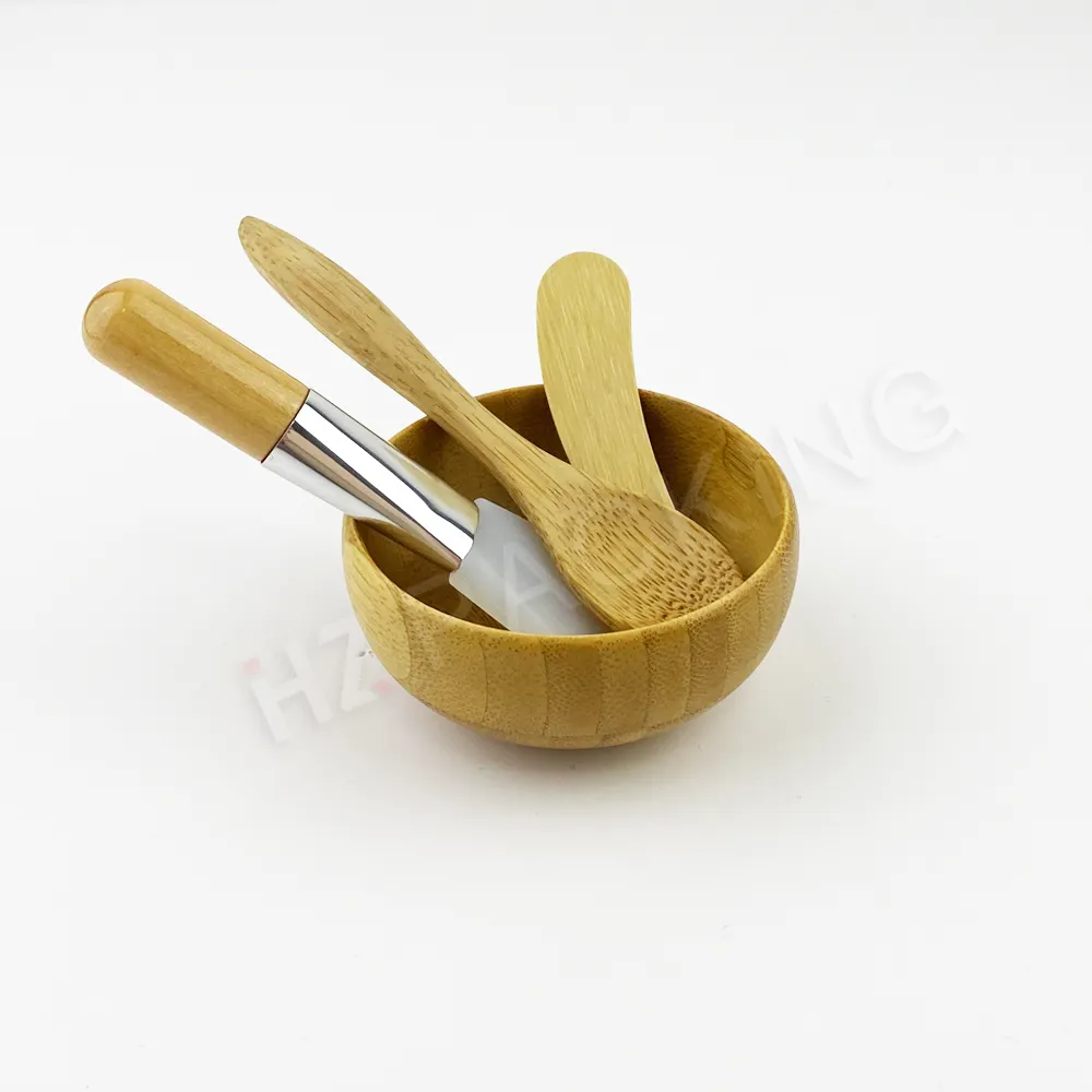 Eco Natural Bamboo Wood Gesichts maske Rühr schüssel set mit Pinsel applikator und Spatel Beauty Facial Applica tor Brushes Kit