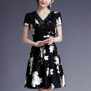 V Neck Floral Print Short Sleeve Midi Dress Tight Waist Breathable Casual Daily Wear Women's Dress - Product Image 1