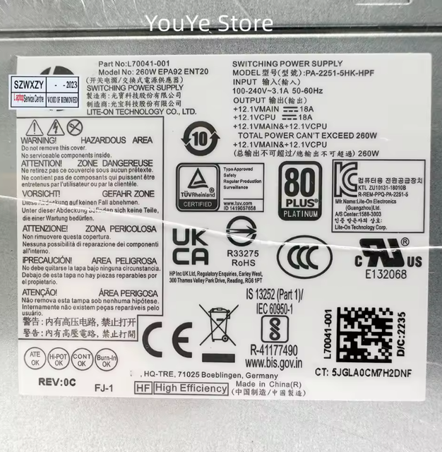 Original for HP ProDesk 600 G6 MT 400 G7 480 G7 880 G9 MT Power Supply 260W L70041-001 L70041-002 D19-260P1A PCK018