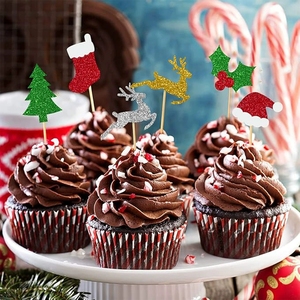 Set of 24 Christmas Cake Flags Toppers with Designs Like Trees Fruit Hats <b>Socks</b> and Reindeer for Decorating Cupcakes Cakes - Product Image 1