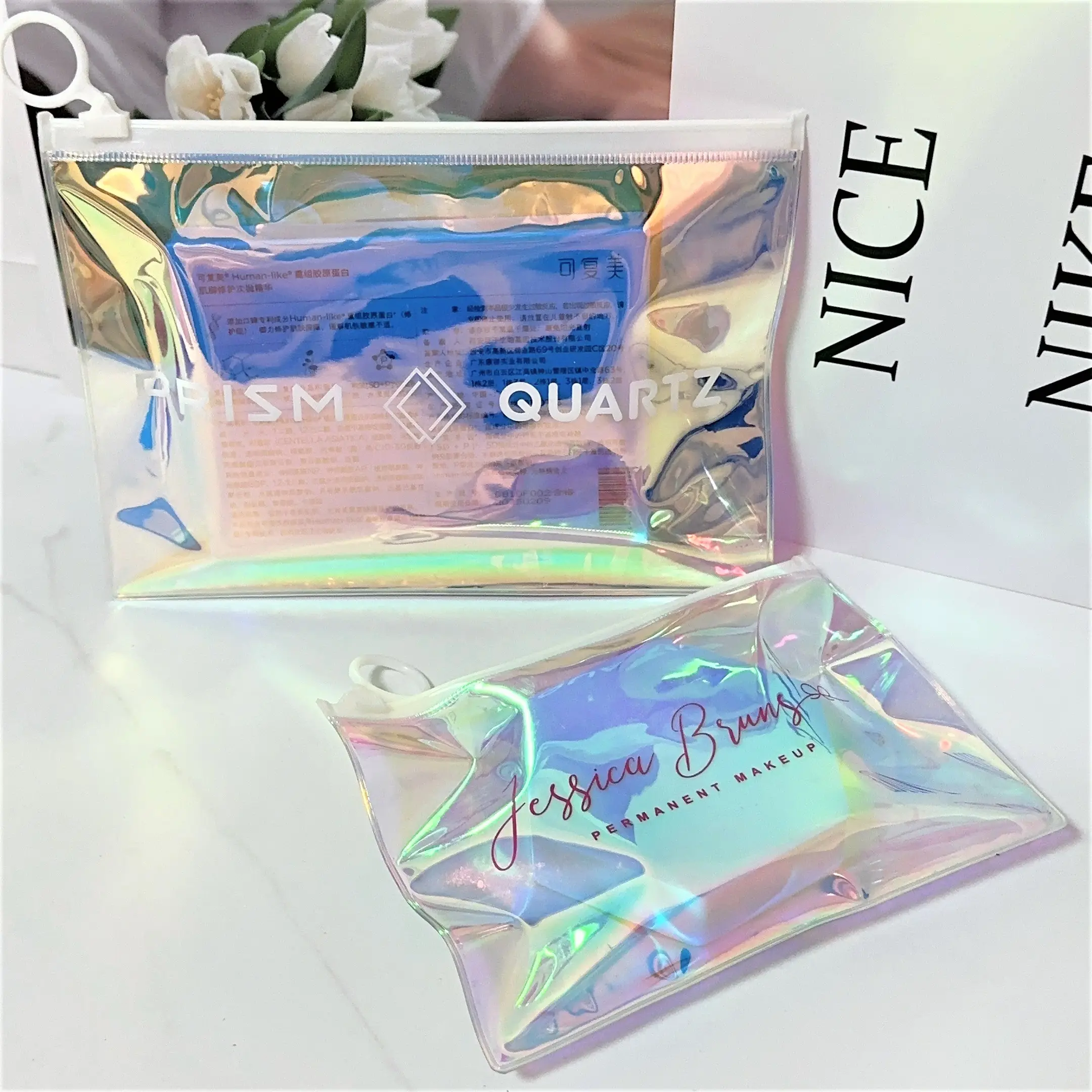 Hot Sales Trendy Custom Print Holo graphische Tasche Markenlogo Kunststoff PVC Make-up Beutel Laser Kleidung Verpackung Ziplock Zipper Bag