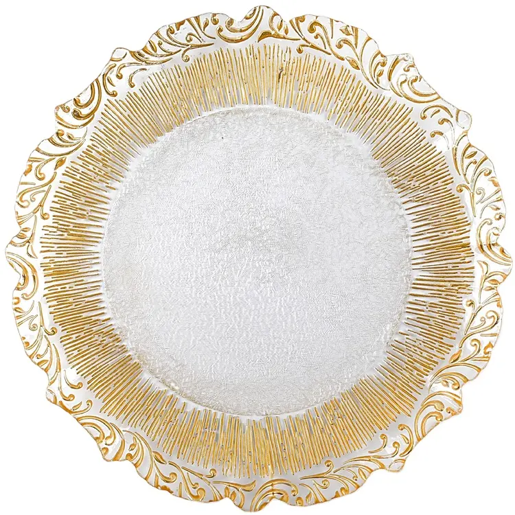 2022 New design 13 inch gold rimmed glass charger plate wedding