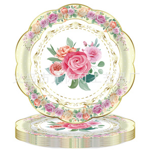 Assiettes en papier jetables à thème floral, design classique rond, pour les occasions de goûter, série rose, jaune, bleu - Product Image 3