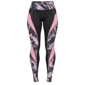 <b>Women's</b> High Waisted <b>Leggings</b> Tummy Control Color Block <b>Pink</b> Black Marble Print Full Length Athletic Workout Tights - Product Image 1