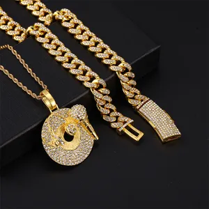 DE New Iced Disc Fashion Full Drill Alloy Jewelry Bling DJ Music Device Pendant with Chain Necklace Set