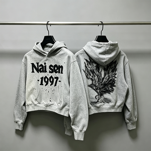 Men's <strong>Vintage</strong> Hoodie 1997 Splatter Print Cropped Oversized Gray Casual Streetwear Sweatshirt Tracksuits <strong>Clothes</strong> Men - Product Image 2