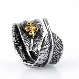 Vintage Retro Black Gold Plated Feather Leaf <b>Open</b> Stainless Steel Adjustable <b>Ring</b> for Women Men - Product Image 1