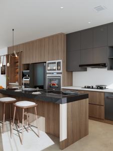 Meubles <span class=keywords><strong>de</strong></span> <span class=keywords><strong>cuisine</strong></span> gris bicolores à étagères ouvertes avec îlot <span class=keywords><strong>de</strong></span> <span class=keywords><strong>cuisson</strong></span> intégré - Solutions <span class=keywords><strong>de</strong></span> rangement contemporaines pour la <span class=keywords><strong>cuisine</strong></span> à domicile - Product Image 5