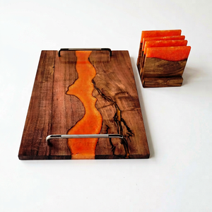 Acacia Wood Epoxy Resin 38x25cm Serving Tray Metal Handles <b>Red</b> Coaster Set Dishwasher Safe Food Contact Safe Commercial Grade - Product Image 1