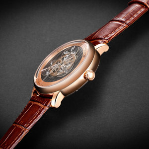 Montre pour homme à marque privée, mouvement mécanique automatique Miyota Wandering Hours, acier inoxydable or rose, bracelet en cuir SM1008 - Product Image 3