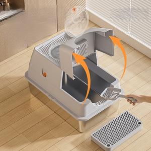 Top-Entry Flip Cover <span class=keywords><strong>Cat</strong></span> Litter Box Aço Inoxidável Totalmente Fechado Extra Grande Anti-Scatter <span class=keywords><strong>Cat</strong></span> WC para Gatos Grandes Com Pá - Product Image 3